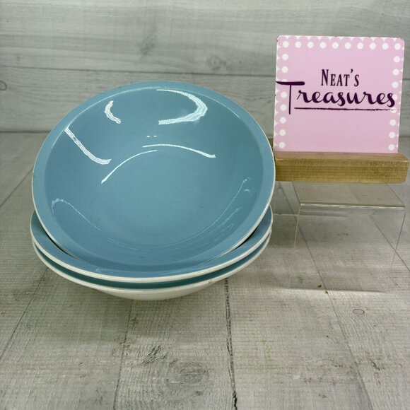 1970's Mikasa BLUE BELL Cera Stone Blue White Ironstone Rim Soup Bowls Set of 3